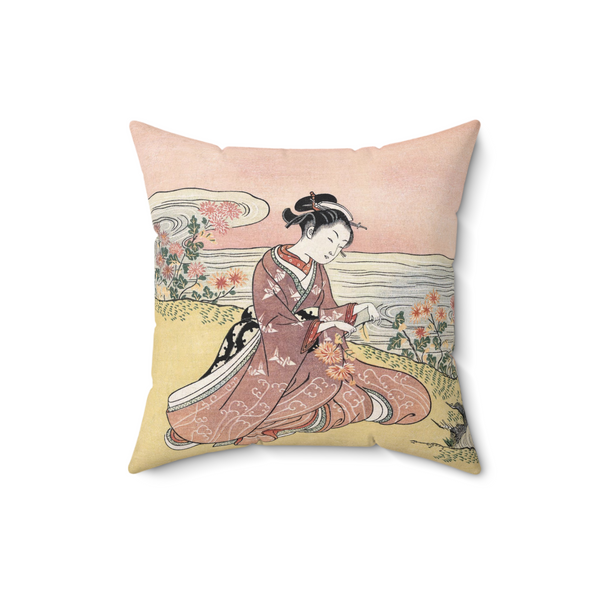 Japanese Woman Gathering Flowers Decorative Faux Suede Throw Pillow 16x16 Inches