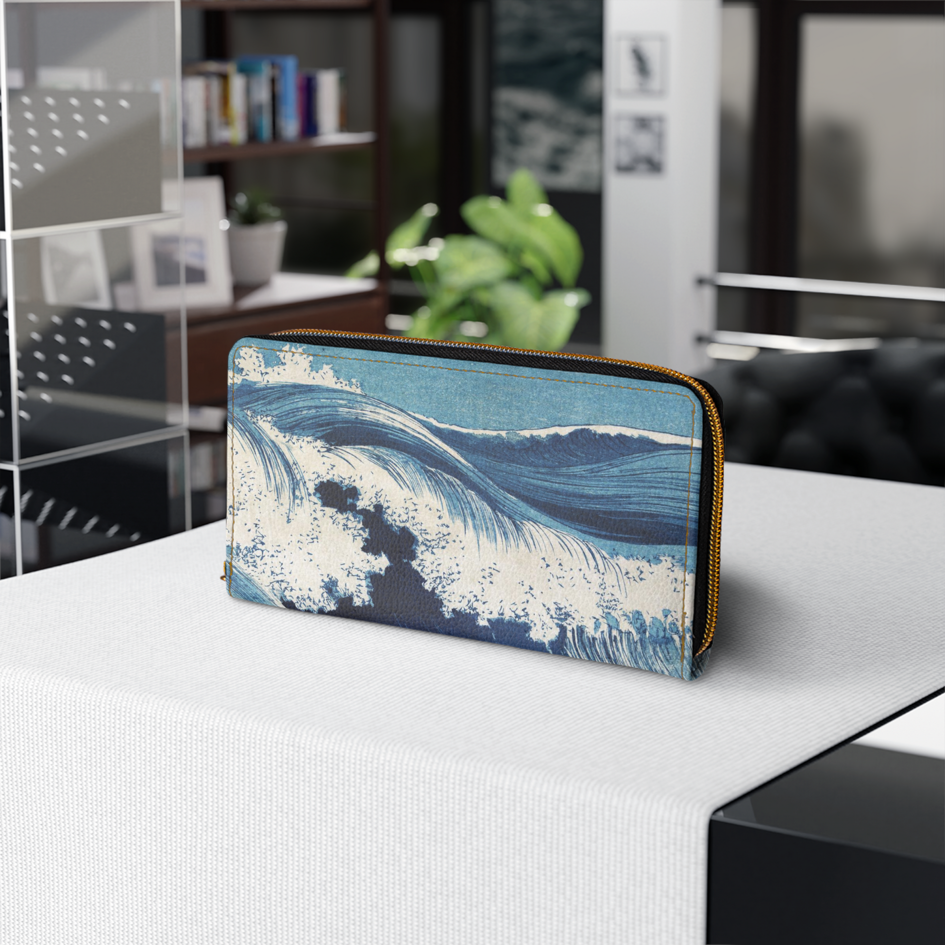 Blue Ocean Sea Waves Faux Leather Zipper Wallet Art Blue Japan Japanese Art Ocean Uehara Konen wallet Zipper Wallet Zippered Wallet