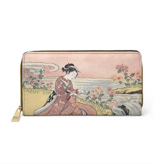 Japanese Woman Picking Chrysanthemums Faux Leather Zipper Wallet Art Flowers Japan Japanese Pink Suzuki Harunobu wallet Zipper Wallet Zippered Wallet