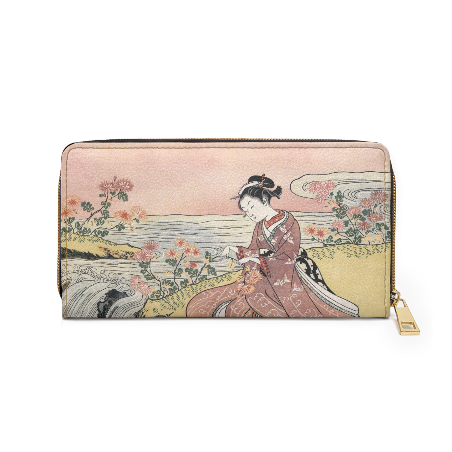 Japanese Woman Picking Chrysanthemums Faux Leather Zipper Wallet Art Flowers Japan Japanese Pink Suzuki Harunobu wallet Zipper Wallet Zippered Wallet